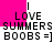 Pixelated text displays 'LOVE', 'SUMMERS', and 'BOOBS =]' with vertical pink bars shifting position across frames.