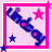 Two side-by-side pixelated frames show a blue cartoon character with pink squares on its body, surrounded by stars and bordered in contrasting colors.
