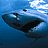Pixelated blue-toned image of a dark shark silhouette swimming left to right against a gradient ocean background with white cloud-like shapes.