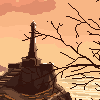 Pixel art depicts a tall dark monument on rocky terrain with bare branches against an orange-pink sky gradient.