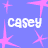 A static contact sheet of a 48x48 pixel animated icon featuring the name 'casey' repeated three times on a blue background with pink starbursts, displayed in a 2x2 grid layout with one gray placeholder frame.