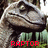 Pixelated dinosaur head with closed eyes and a wide grin, set against a blurred green background with red text below.