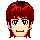 Pixel art avatar with red hair showing multiple facial expressions including closed eyes, smiling, and winking with a small red accessory near the eye.