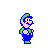 Pixel art of a character with blue overalls, green shirt and hat, pink skin, mustache, standing in two poses against gray background.