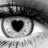 Pixelated grayscale eye with heart-shaped pupil, black eyeliner, and white highlights on the iris.