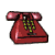 Red rotary telephone icon with green dialing wires, displayed in multiple orientations across a