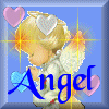 Four square display a blonde angel with white wings and halo, each showing different heart colors and text: "Angel" or "Whispers", against blue backgrounds with yellow starbursts