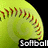 A close-up of a yellow softball with red stitching, showing text that changes from 'Softball' to 'is life'.