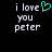 Pixelated text 'i love you peter' with a cyan heart symbol replacing the word 'love', displayed on black background.