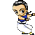 Pixel art character in blue sleeveless top and white pants performing martial arts poses across with varying stances, arm positions, and facial expressions