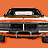 Animated sequence showing a black car with white stripes, checkered flag, and multiple expressions of a man with light brown hair against an orange background.