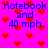 Pixelated icon with bright pink background, red hearts scattered throughout, and blue text reading "notebook and 40 mph" in two identical sections.