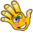 Pixelated yellow hand with blue eye, pink cheeks, and white teeth smiling against gray background.