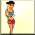Pixelated cartoon character in red shorts and gray top with black hat, standing against light background with repeated text overlays.