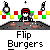 Animated contact sheet showing 10 sequential frames of a pixel-art character flipping burgers on a grill with falling food items and changing facial expressions.