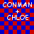 Pixelated text 'CONMAN + CHLOE' on red and blue checkered background with visible lines