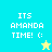 Pixelated text 'ITS AMANDA TIME! :)' on cyan and yellow background with a yellow star in top-right and cyan star in bottom-right.