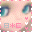 A pixelated close-up of a doll's face with teal eyes, pink and white border, and repeating text symbols.