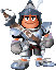 Pixelated character in silver armor holding a sword, displayed in a with varying facial expressions and arm positions