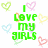 Pixelated green text reads "I Love My Girls" and lists names, surrounded by multicolored heart outlines on a white background.