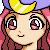 A 4x3 contact sheet of pixel art frames showing a cartoon character's face with changing expressions and eye states, featuring pink hair, purple headband, yellow crescent moon accessory, and red background.