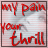 Red text 'my pain your thrill' on a striped background with a faint face, displayed in a of nine