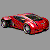 Pixelated red car with black accents and multicolored highlights on a gray background.