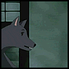 Animated sequence of a gray cartoon dog with changing expressions and poses against a green building background.
