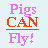 Pixelated image showing two flying pig characters with text 'Pigs CAN Fly!' on a light blue background.