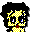 Pixelated character with black hair, yellow and white checkered face, blue eyes, red mouth, and black clothing in four showing subtle facial expression changes