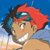 Pixelated anime-style character with red hair and blue headband, smiling against blue sky background