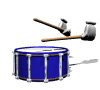 Animated sequence of a blue drum with silver hardware and two wooden mallets in various positions.