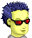 Pixelated character with spiky blue hair, red sunglasses, yellow skin, and gray shirt in four positions