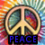 A peace symbol icon with a colorful tie-dye background and text reading PEACE, LOVE, or FRIENDS in different frames.