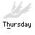 Pixelated white wings above black text reading 'Thursday' on a gray background.