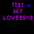 Pixelated text 'TTST MY LOVERS<3' in purple on black background with blue heart and blue dot animations.