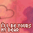Animated contact sheet of a 48x48 pixel buddy icon showing text "I'LL BE YOURS MY DEAR" over heart-patterned background with color shifts and blue particle effects across frames.