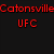 A four-quadrant image with text and a grayscale cartoon figure; top-left red "Catonsville UFC" on black, top-right yellow "Ultimate Frisbee Club" on blue, bottom-left "Oh Yeah!" above a cartoon character holding a frisbee.