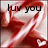 Animated red satin fabric with white heart shapes and changing text overlays reading 'luv you', 'mushes', and 'kishes' across four