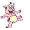 Pink cartoon pig in diaper with yellow belly, smiling widely, arms outstretched, legs in various positions across frames.