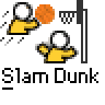 Pixel art contact sheet showing two animated frames of a basketball-themed buddy icon with text elements and website branding.