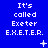 Blue background with white pixelated text reading "It's called Exeter E.X.E.T.E.R." arranged in a , featuring animated star and dot symbols
