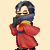 Pixelated character in red robe with blue sash and yellow chest, dark hair, blue scarf covering mouth, standing against light beige background.