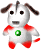 A 4-frame animated contact sheet of a cartoon dog mascot with white fur, brown ears, and red accents on limbs, featuring a green circular logo on its chest across all frames.