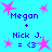 Pixelated blue background with pink stars and purple text reading "Megan + Nick J. = <3" in four repeated arrangements.