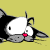 Pixelated cartoon cat with black and white fur, gray paws, red mouth, lying on yellow background next to green text reading Original Icons .com.