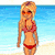 Pixelated beach scene with a woman in a red bikini standing on sand, blue water, and sky background, with text labels "Beach" and "girl" on adjacent