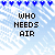pixelated 'WHO NEEDS AIR' text icons with varying color schemes and small decorative elements on a light blue background