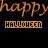 Animated orange text 'happy' repeats horizontally above of orange 'HALLOWEEN' labels with scattered white and orange star-like sparkles on black background