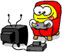 Yellow cartoon character in red hooded outfit holding game controller, seated before black CRT television with antenna and gray console on light gray background.